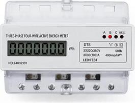 Elektros skaitiklis. Trifazis keturių laidų DIN bėgelio tipo energijos skaitiklis, 380 V. Elektroninis galios skaitiklis, vatmetras, kWh, 100 A, kintamoji srovė, 7 P, 50 Hz, 3P4W, DTS017