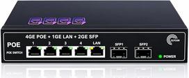 Elfcam® – PoE komutatorius su 2 SFP prievadais (1,25GB), 4 PoE Gigabit Ethernet prievadais (10/100/1000Mbps), „Plug & Play“, nevaldomas (4 PoE prievadai)