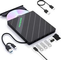 ELUTENG išorinis DVD/CD įrenginys su USB 3.0 ir Type-C jungtimis, 7-in-1 daugiafunkcinis įrašymo ir atkūrimo įrenginys, nešiojamas CD/DVD +/-RW perrašymo įrenginys su 0,6 m USB-C kabeliu, skirtas nešiojamiesiems kompiuteriams, stacionariems kompiuteriams,