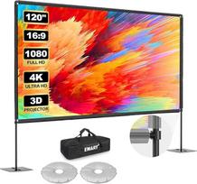 EMART lauko projektoriaus ekranas su stovu, 120 colių nešiojamasis vidaus 16:9 4K HD galinis priekinis kino ekranas ir sulankstomas laikiklis su tvirtu plokščiu pagrindu kiemui, vakarėliui