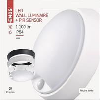 EMOS LED sieninis ir lubinis šviestuvas su judesio jutikliu, apvalus, IP54 vandeniui atsparus 14 W lauko šviestuvas balkonui, rūsiui, garažui, lauke, 1100 lm, neutralios baltos spalvos 4000K, skersmuo 21,5 cm, ZM3231, 21,5 cm