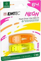 EMTEC C410 „Neon“ 64GB USB atmintinė – USB 2.0 – permatoma „Neon“ su dangteliu, 2 vnt. rinkinys
