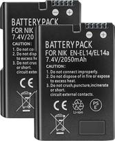 EN-EL14 / EN-EL14a ličio jonų akumuliatoriai, 7,4 V, 2050 mAh, suderinami su „Nikon“ skaitmeniniais fotoaparatais D3100, D3200, D3300, D3400, D5600, D5100, D5200, P7000, P7800 (2 baterijos)