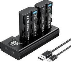 ENEGON NP-F550 atsarginis akumuliatorius (2 vnt. rinkinys) ir išmanusis LED dvigubas USB įkroviklis, skirtas „Sony NP-F550“ ir „Sony CCD-RV100“, „CCD-RV200“, „SC5“, „SC9“, „TR1“, „TR940“ skaitmeniniams fotoaparatams, „CN-160“, „CN-216“, „CN-304“, „YN 300“