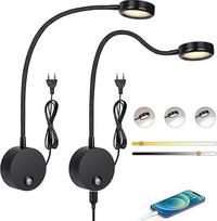 ERWEY 2 LED skaitymo lempų pakuotė, sieninis tvirtinimas, sieninė šviesa su jutikliniu reguliatoriumi (3000-6000 K), 4 W lovos lempa su 360° lanksčiu "Gooseneck" ir USB įkrovimo prievadu, skirta lovai, miegamajam (juoda)