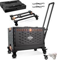 EULANT 2-in-1 Foldable Hand Trolley with 60 L Folding Box & Lid, Transport Box with Wheels & Brake, Utility Transport Trolley with 360° Rotating Wheels & 2 Elastic Ropes, Folding Shopping Trolley