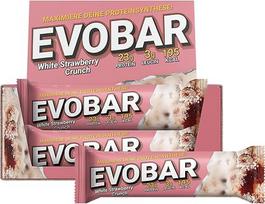 EVO SPORTS FUEL EVOBAR baltyminis batonėlis EVOBAR White Strawberry Crunch, 12 x 60 g, baltyminis batonėlis be palmių aliejaus, 23 g baltymų viename batonėlyje, patikrinta kokybė, pagamintas Vokietijoje (pakuotė po 1)