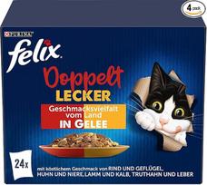 Felix Double Delicious drėgnas kačių ėdalas su drebučiais, įvairių rūšių mišinys, 4 pakuotės (4 x 24 pakeliai po 85 g)