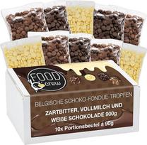 FOOD crew 900g belgiškos Schokolade für Fondue - Mix aus Vollmilch, Zartbitter & Weiß - Schokobrunnen - Schoko Kuvertüre Drops - 10 Portionsbeutel einzeln verpackt