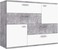 FORTE "Skive" komoda su 2 durelėmis ir 4 stalčiais, medžio kompozito, betono išvaizdos, šviesiai pilka/balta, 124,9 x 41,3 x 95,9 cm