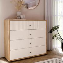 FORTE "Rankin" komoda 105 su 4 stalčiais, kašmyro / smėlio spalvos, Mauvella ąžuolo dekoras / smėlis, 104,8 cm pločio x 95,9 cm aukščio x 42 cm gylio