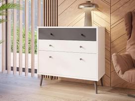 FORTE Harllson „Easy Assembly EasyKlix“ komoda, balta, su paprasta volframo pilkos spalvos bufete su 3 stalčiais, aukštomis medinėmis kojelėmis, skandinaviško stiliaus, retro, 90 cm pločio x 86 cm aukščio x 41 cm gylio