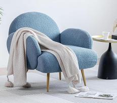 Fotelis, modernus poilsio krėslas, vienvietė poilsio sofa, jaukus "Teddy" audinys, juodos metalinės kojos, tinka svetainei, miegamajam, mėlyna