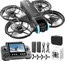 FPV dronas su 4,3 colio ekrano nuotolinio valdymo pultu, dviem kameromis, bešepetės varikliu, optinio srauto padėties nustatymu, aukščio palaikymo funkcija, 4 pusių kliūčių išvengimu, 360° apsiverstimais, 2 baterijomis, skirtas pradedantiesiems