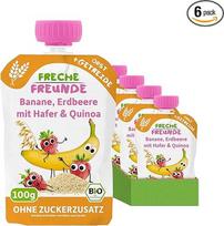FRECHE FREUNDE Ekologiška vaisių tyrelė "Squeeze Banana, Strawberry with Oats & Quinoa" su avižomis ir kvinoja, vaisių tyrelė su grūdais, skirta kūdikiams nuo 6 mėn., veganiška, 6 vnt. (6 x 100 g)