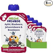 FRECHE FREUNDE Ekologiška vaisių tyrelė su obuoliais, mėlynėmis, serbentais ir gervuogėmis, vaisių tyrelė kūdikiams nuo 6 mėn., veganiška, 6 vnt. (6 x 100 g)