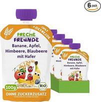 FRECHE FREUNDE Ekologiška vaisių tyrelė su bananais, obuoliais, avietėmis, mėlynėmis ir avižomis, vaisių tyrelė su grūdais išspaudžiamuose maišeliuose kūdikiams nuo 6 mėn., veganiška, 6 vnt. (6 x 100 g)