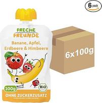 FRECHE FREUNDE Ekologiški išspaudžiami bananai, obuoliai, braškės ir avietės, vaisių užpilas su vaisiais išspaudžiamuose maišeliuose kūdikiams nuo 6 mėn., veganiškas, 6 vnt. (6 x 100 g)