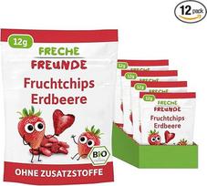 FRECHE FREUNDE Ekologiški vaisių traškučiai braškių, liofilizuoti vaisių traškučiai, natūralūs džiovinti vaisiai gabalėliais be pridėtinio cukraus, veganiški, be laktozės, be glitimo, 12 vnt. (12 x 12 g)
