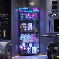 FREDEES 164 cm stiklinė vitrina su RGB apšvietimu kolekcionuojamiems daiktams, 4 pakopų LED stiklo kampinė vitrina kolekcionuojamiems daiktams, žaislams ir knygoms, juoda