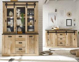 Furn.Design "Stove" svetainės ir valgomojo kambario komplektas iš naudotos medienos, šviesus ir antracito spalvos, 2 dalių su bufeto spinta ir bufetu