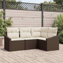 Gartensofa-Set Poly-Rattan 4-teilig braun weiß mit Kissen, lauko sofa-lovos komplektas 4-TLG. Poly-Rattan Gartenmöbel-Set, Garten-Sitzgruppe 4-TLG. Ecksofa-Garnitur Garten