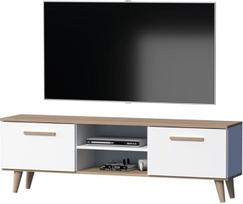 GERMAN TV spintelė Lowboard 160 cm Skandinaviško dizaino balto ąžuolo TV spintelė, skirta televizoriams iki 70 colių su durelėmis ir lentynomis