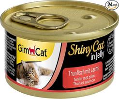 GimCat ShinyCat in Jelly Tuna with Salmon - drėgnas kačių maistas su žuvimi drebučiuose - daug baltymų - 24 skardinės po 70g