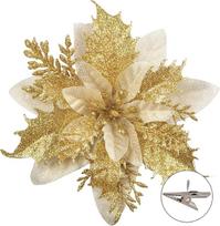 GL-Turelfies, 12 vnt. blizgančių Kalėdinių gėlių rinkinys (15 cm / 5,9 colio) su 12 spaustukais. Dirbtinės poinsettijos gėlės, Kalėdų eglutės gėlių papuošalai, Kalėdų eglutės papuošalai (auksiniai)