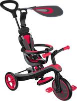 GLOBBER Explorer Trike 4-in-1 raudonas – triratis dviratis, balansinis dviratis ir vežimėlis su 10/8,5 colių ratais – TPR sėdynė – aukščio reguliuojama vaikiška transporto priemonė