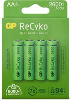 GP ReCyko AA baterija, 2600 mAh NiMH, 4 vnt. AA įkraunamų baterijų rinkinys | Iš anksto įkrautos „Ready2use“ AA baterijos, didelio našumo ir daugkartinio naudojimo, be plastiko pakuotėje