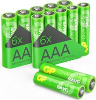 GP „Charge & Save“ AA ir AAA NiMH baterijos – 12 vnt. įkraunamų baterijų rinkinys | Įkraunamos baterijos vietoj vienkartinių dažnai naudojamiems prietaisams | Iš anksto įkrautos, mažai savaime išsikraunančios | AA ir AAA baterijų rinkinys