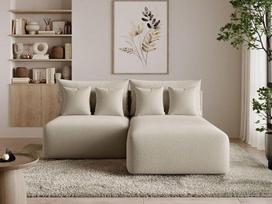 GRAINGOLD „Ronni L“ kampinė sofa su miego ir lovos funkcijomis, 206 x 190 cm, L formos sofa, išskleidžiama sofa svetainei, „Bouclé“ audinys, 3-vietė kampinė sofa, kampinė sofa su daiktų laikymo ertme (smėlio spalvos)