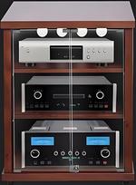 Grindų garso įrašų stovas "HiFi", 4 lygių garso įrašų spintelė, garso įrašų stovo bokštas pramoginiams stereo komponentams, grotuvo stovas su grūdinto stiklo durelėmis, skirtas kampams ir mažiems kambariams (rudos spalvos,