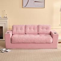 Grindų sofa, 190 cm, 3 sėdimų vietų, modulinė sofa su atlošu, sofa paauglių kambariui, studentams ir mažiems butams, su pagalvėlėmis ir gėrimų laikikliais (rožinė)