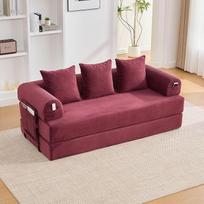 Grindų sofa, sulankstoma sofa, sofa lova su tvirtu metaliniu rėmu, šoninėmis kišenėmis ir 3 pagalvėlėmis, individualus poilsio kraštovaizdžių dizainas, tinka namams, svečių kambariui ir poilsio kambariui (vyno raudona)