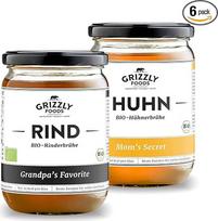 Grizzly Foods - Ekologiškas sultinys iš jautienos ir vištienos (6 x 500 ml) - 100 % natūralus - be cukraus ir skonio stipriklių - ilgai verdamas - vertingos maistinės vertės - mėsos sultinys, rasta, sultinys