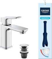 GROHE Dice, 1018610000 Energiją taupantis praustuvo maišytuvas su šaltu vandeniu, centrinė išleidimo anga (vonios kambario maišytuvas, 15 cm aukščio, su „Push-Open“ tipo išleidimo mechanizmu, komplekte su „3-in-1“ įrankiu, lengvas montavimas), chromuotas