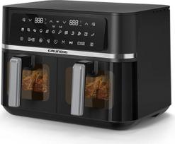 GRUNDIG FRY 8620 karšto oro keptuvė, 2400 W, 8,4 l talpos dviguba oro keptuvė, 2 kepimo krepšeliai, 80–200 °C, jutiklinis ekranas, 12 automatinių programų, „Smart Finishing“ funkcija, juoda/chromuota