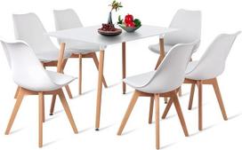 H.J WeDoo stačiakampio formos valgomojo stalas su 6 kėdėmis 110 cm, tinkantis valgomajam, virtuvei, svetainei | Baltas stalas + baltos kėdės