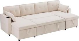 HAINEW Moderni kampinė sofa-lova su miego funkcija ir laikymo vieta, 4 sėdimų vietų U formos sofa-lova Minkšta sofa su gėrimų laikikliu gyvenamajame kambaryje (smėlio spalvos)