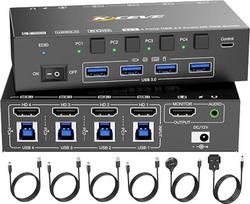 HDMI KVM komutatorius, palaikantis 8K@60Hz ir 4K@144Hz, EDID simuliacija, „MLEEDA“ 4 prievadų USB 3.0 KVM komutatorius su garso išvestimi, skirtas 4 kompiuteriams, 1 monitoriui, klaviatūrai, pelei, ausinėms, laidiniam nuotolinio valdymo pultui ir maitinim