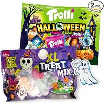 Helovino saldainių rinkinys - Becky's Mix 205g ir Trolli Sweet & Sour 360g su vaiduoklių lipdukais - puikiai tinka "Trick or Treat", vaikams, Helovino vakarėliams, dekoracijoms, saldainių dėžutėms ir baisiems užkandžiams