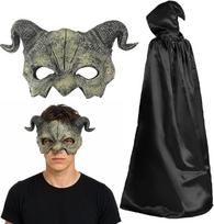 Helovino ragų kaukė ir apsiaustas su gobtuvu, velnio cosplay ir karnavalo kostiumo rinkinys