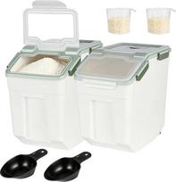Hermetiškas miltų laikymo indas, 2 vnt. rinkinys – 20 kg ryžių ir maisto laikymo kibirai, sausų maisto produktų dozatorius, didelis sandarus indas su ratukais, be BPA, su mentele (žalias)