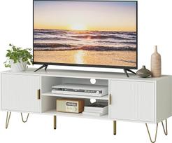 HEYZOEY TV spintelė, žemoji lenta, balta, TV spintelė televizoriui, 60 colių, 137 x 38 x 48 cm, televizoriaus lenta su 2 spintelėmis, skirta svetainei, balta