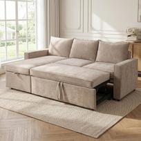 HIPIHOM 205 cm sofa su miego funkcija – sofa-lova su daiktų laikymo dėže, kampinė sofa-lova su ištraukiamu lovos elementu, skirta mažoms erdvėms, „3-in-1“ dizainas, minkšta pagalvė, L formos sofa-lova (rudos spalvos)