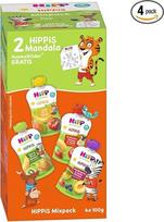 HiPP HiPPiS išspaudžiami maišeliai Mišinys Pakuotė 4 skirtingų skonių 100% ekologiški vaisiai be pridėtinio cukraus 4 x 4 maišeliai po 100 g