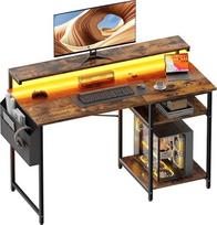 HLONONE rašomasis stalas, kompiuterio stalas su LED ir monitoriaus stovu, kompiuterio stalas su 2 lentynomis ir laikymo krepšiu, skirtas studijoms ir miegamajam, 120 x 48 x 74 cm, tvirtas metalinis rėmas, senovinė ruda spalva