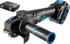 HÖGERT TECHNIK akumuliatorinis kampinis šlifuoklis 18 V, 125 mm, bešepetėlinis variklis, mentinis jungiklis, 8000 aps/min, 4,0 Ah akumuliatorius, 4 A įkroviklis, dėklas, LED apšvietimas, skirtas metalui ir medienai